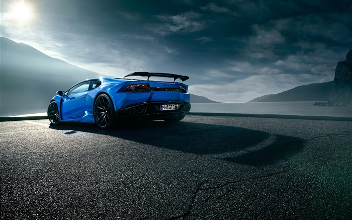 Lamborghini Huracan blau supercar Rückansicht , Wolken Hintergrundbilder Bilder
