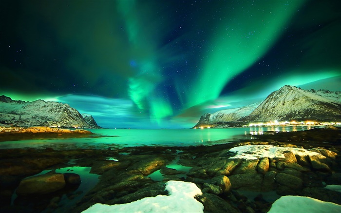 Lofoten, Norwegen, Nordlichter , Berge, Meer, Steine, Nacht Hintergrundbilder Bilder