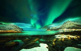 Lofoten, Norwegen, Nordlichter , Berge, Meer, Steine, Nacht HD Hintergrundbilder