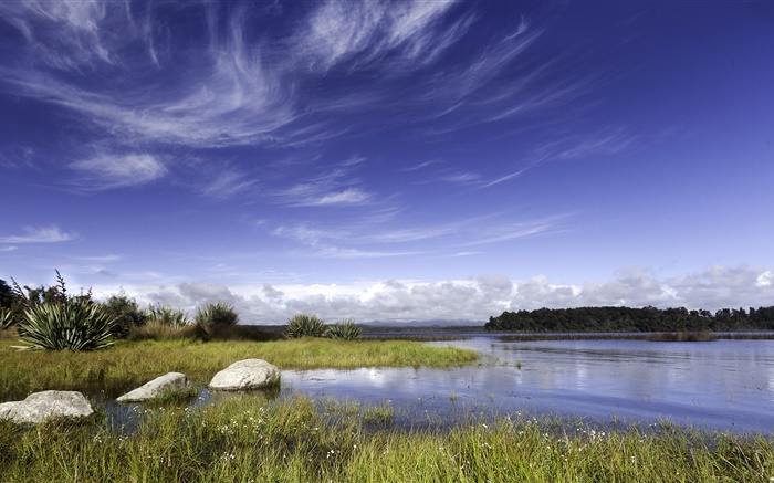 Neuseeland, See, Felsen, Gras, blauer Himmel, Wolken Hintergrundbilder Bilder