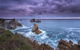Nordspanien , Kantabrien, Küste, Meer, Felsen, Wolken, Dämmerung HD Hintergrundbilder