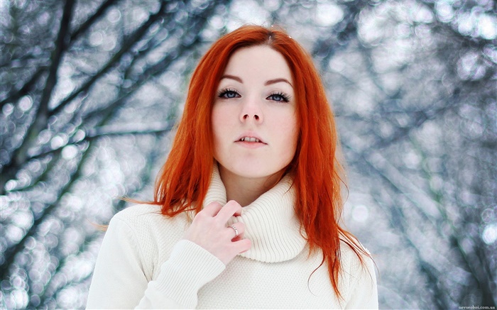 Hübsches Mädchen, rote Haare, Winter, Schnee Hintergrundbilder Bilder