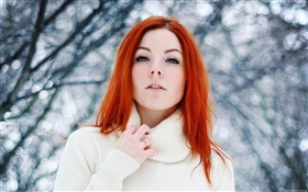 Hübsches Mädchen, rote Haare, Winter, Schnee HD Hintergrundbilder