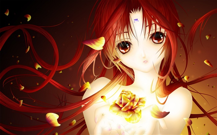 Rote Haare anime Mädchen, Rosenblüten Hintergrundbilder Bilder