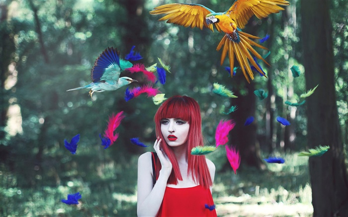 Rote Haare Mädchen, bunten Federn, Vögel, kreative Bilder Hintergrundbilder Bilder