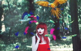 Rote Haare Mädchen, bunten Federn, Vögel, kreative Bilder HD Hintergrundbilder
