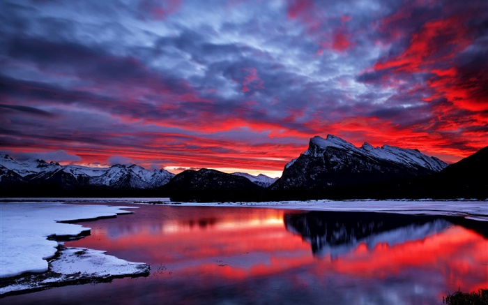 Roter Himmel, Wolken, glühen, Sonnenuntergang, Berg, See, Schnee, Winter Hintergrundbilder Bilder