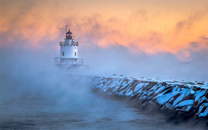 South Portland , Maine, Leuchtturm, Frost, Dämmerung, Nebel Hintergrundbilder Bilder