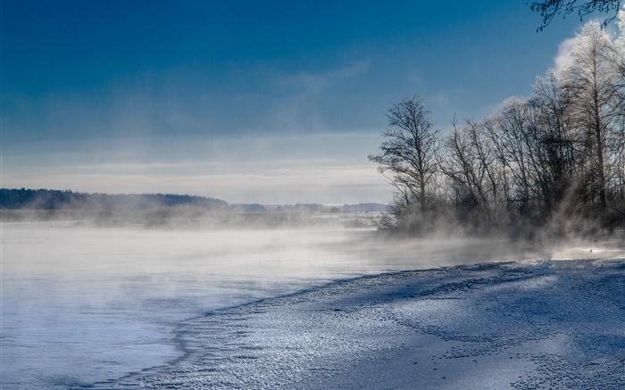 Dampf, Nebel, See, Bäume, Berge, Winter, Schnee Hintergrundbilder Bilder