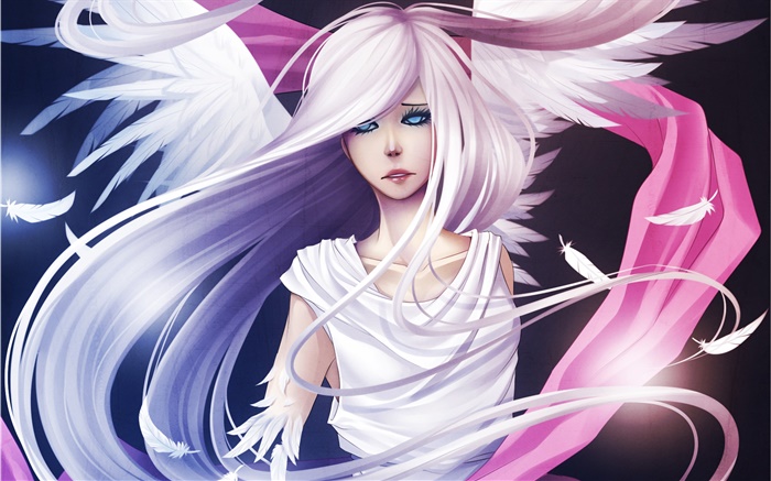 Weiße Haare anime Mädchen, Engel, Flügel, Federn Hintergrundbilder Bilder