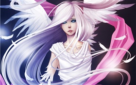 Weiße Haare anime Mädchen, Engel, Flügel, Federn HD Hintergrundbilder
