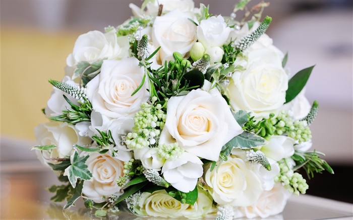 Weiße Rosen, Strauß Blumen, Blätter Hintergrundbilder Bilder