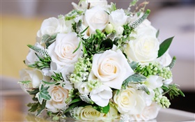 Weiße Rosen, Strauß Blumen, Blätter HD Hintergrundbilder