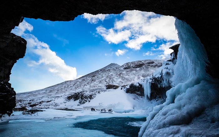 Winter, Schnee, Eis, Höhle, Berg, Wolken, blauer Himmel Hintergrundbilder Bilder
