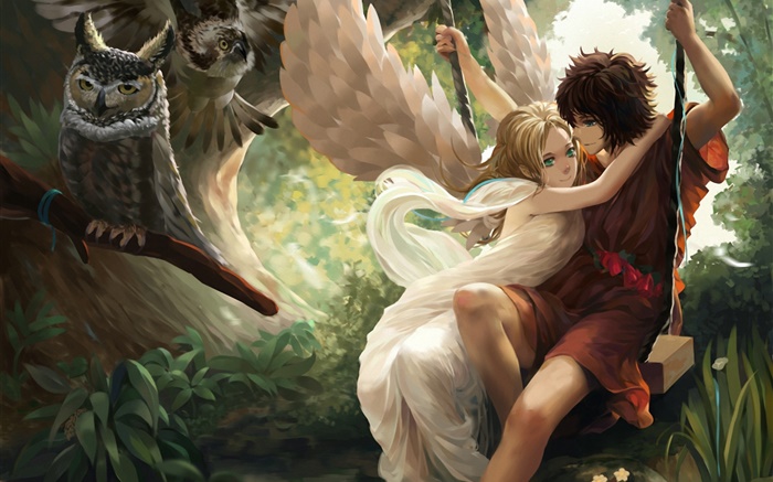 Anime Engel Mädchen, Flügel, junge, Schaukel, Eule Hintergrundbilder Bilder