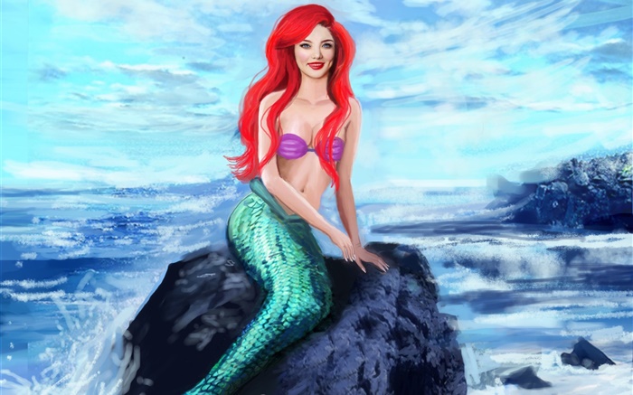 Kunst Fantasie, Meerjungfrau , die auf Steinen, Lächeln, rote Haare, Schwanz Hintergrundbilder Bilder