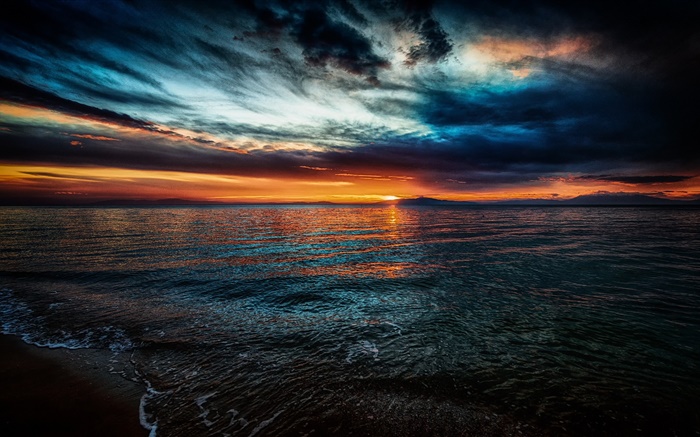Schöne Landschaft, Sonnenuntergang, Meer, Wellen, Wolken, Dämmerung Hintergrundbilder Bilder