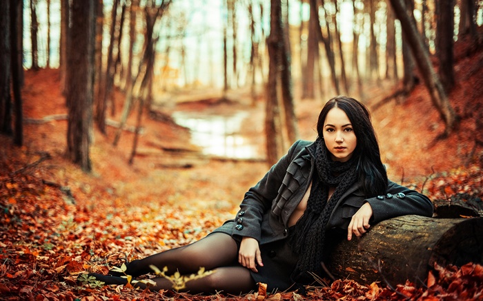 Schwarze Haare Mädchen in den Wald, Herbst, gelbe Blätter Hintergrundbilder Bilder