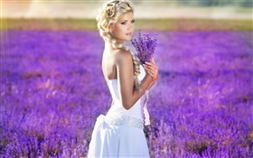 Blonde Mädchen, braut, Lavendelblüten  Feld HD Hintergrundbilder