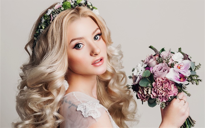 Blonde Mädchen, Make-up, Strauß Blumen, Kranz Hintergrundbilder Bilder