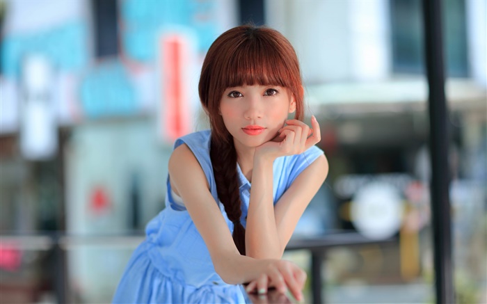 Blaues Kleid Asiatische junge Mädchen, schauen Hintergrundbilder Bilder