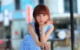 Blaues Kleid Asiatische junge Mädchen, schauen HD Hintergrundbilder