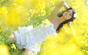 Canola Blumenfeld  Mädchen, weißes Kleid HD Hintergrundbilder