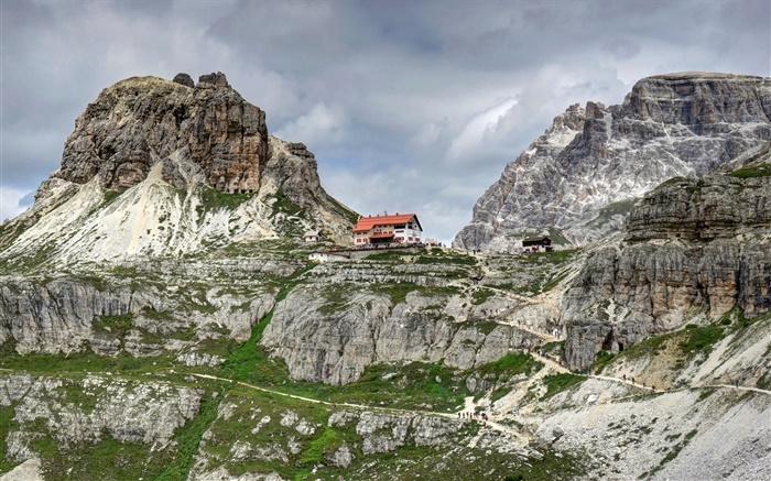 Dolomiten, Italien, Wolken, Felsen, Berge, Haus Hintergrundbilder Bilder