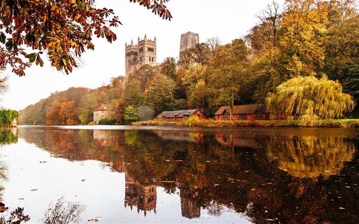 England, Durham, Haus, Bäume, Fluss, Wasser Reflexion Hintergrundbilder Bilder