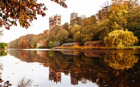 England, Durham, Haus, Bäume, Fluss, Wasser Reflexion HD Hintergrundbilder
