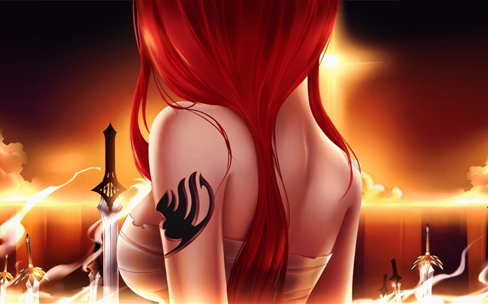 Fairy Tail, anime Mädchen, rote Haare, Schwert, Blick zurück Hintergrundbilder Bilder