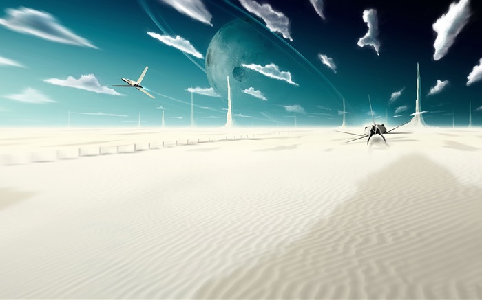 Fantasy-Welt, kreativ, Wolken, Planeten, Wüste, Flugzeuge Hintergrundbilder Bilder