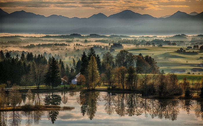 Deutschland, Bayern, Herbst, Bäume, See, Häuser, Nebel, Morgen Hintergrundbilder Bilder