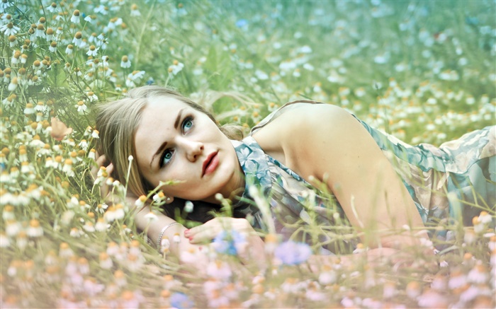 Mädchen liegen im Gras, Wildblumen Hintergrundbilder Bilder