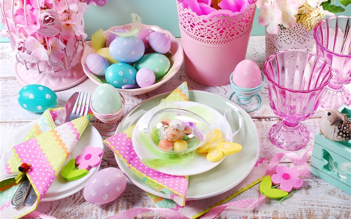 Frohe Ostern, Dekoration, bunte Eier, Schalen, Blumen, Frühling Hintergrundbilder Bilder