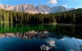 See, Wasser Reflexion, Berge, Wald HD Hintergrundbilder