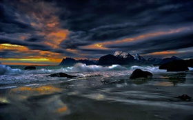 Lofoten, Norwegen, Ufer, Küste, Meer, Steine, Abend, Wolken HD Hintergrundbilder
