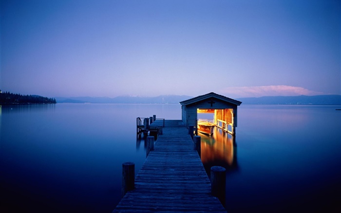 Nacht, See, Dock, Haus, Boot, Lichter Hintergrundbilder Bilder