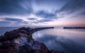 Meer, Steine, Küste, Wolken, Abend HD Hintergrundbilder