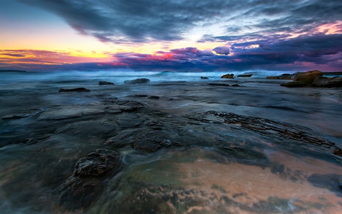 Meer, Wasser, Steine, Wolken, Sonnenuntergang Hintergrundbilder Bilder