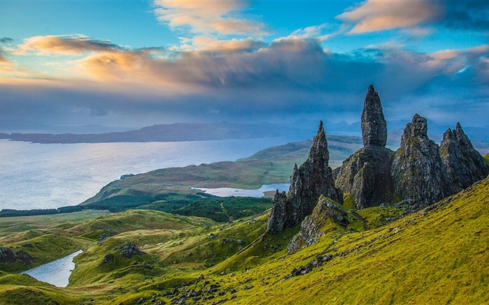 Skye, Schottland, Steine, Tal, See, Wolken, Dämmerung Hintergrundbilder Bilder