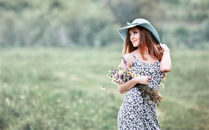 Sommer-Mädchen, Hut, Blumen Hintergrundbilder Bilder