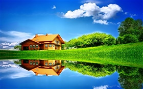 Sommer, See, Haus, Bäume, Gras, Wasser Reflexion