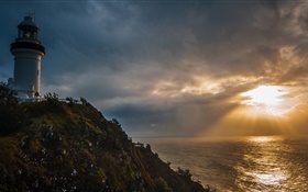 Sonnenuntergang, Wolken, Leuchtturm, Küste HD Hintergrundbilder