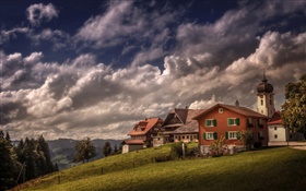 Schweiz, Heiligkreuz , Haus, Hang, Bäume, Wolken HD Hintergrundbilder