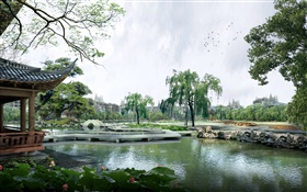3D-Design, Park, See, Pavillon, Bäume, Brücke HD Hintergrundbilder