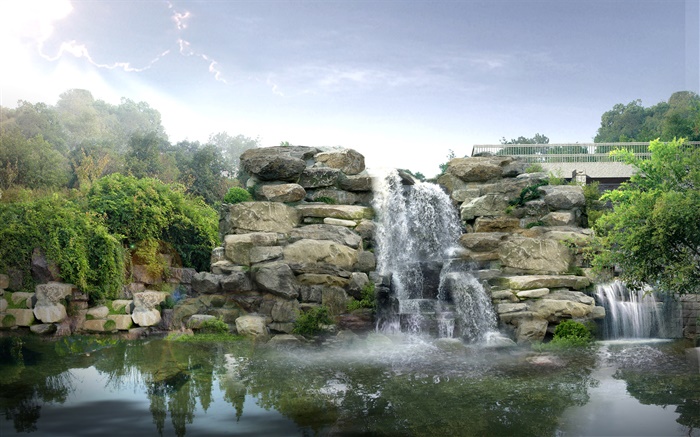 3D-Design, Felsen, Wasserfälle Hintergrundbilder Bilder