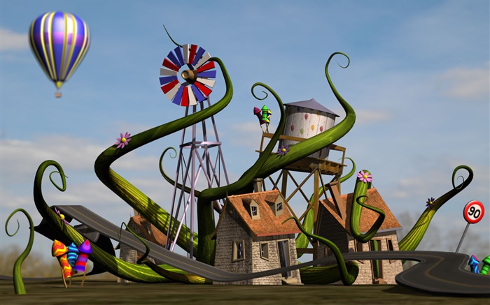 3D Haus, Windmühle , Straße, Ballon Hintergrundbilder Bilder