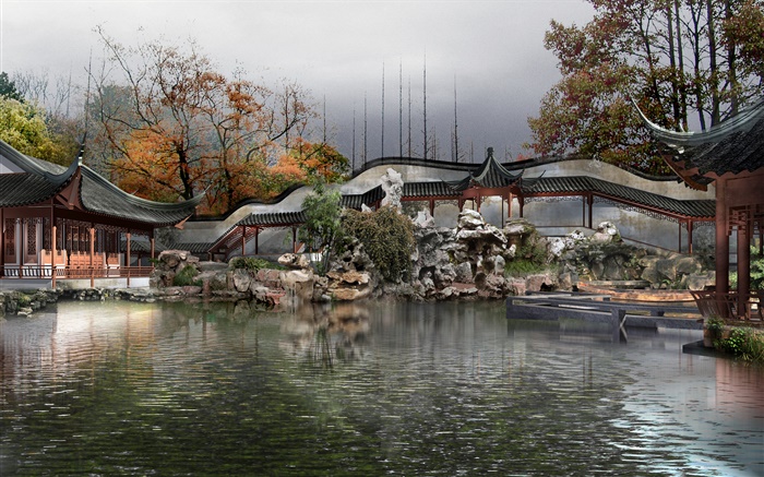 3D-Park-Design, See, Pavillon, Bäume, Herbst Hintergrundbilder Bilder