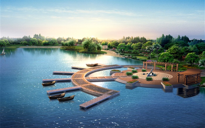 3D-Park-Design, machen, Pier, Boote, Bäume, See Hintergrundbilder Bilder